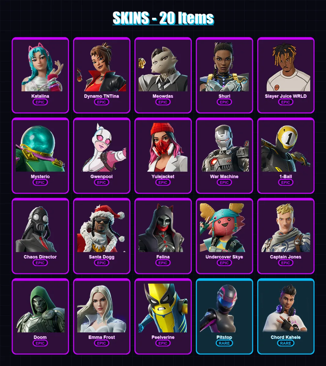 [PC/PSN] | Katalina | Dynamo TNTina | Meowdas | Shuri | Slayer Juice WRLD | 20 skin | 34 pickaxe | 22 emote | 22 glider | Lv498