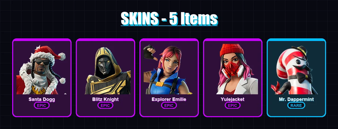 [PC/XBOX/PSN] | Santa Dogg | Blitz Knight | Explorer Emilie | Yulejacket | Mr. Dappermint | 5 skin | 33 pickaxe | 13 emote | 21 glider | Lv284