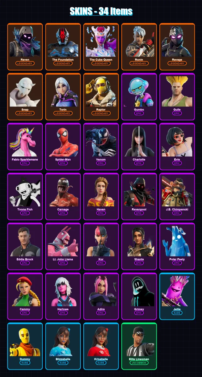 [PC/XBOX/PSN] | Raven | The Foundation | The Cube Queen | Ronin | Ravage | 34 skin | 32 pickaxe | 23 emote | 30 glider | Lv401