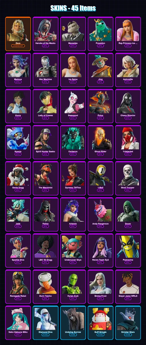 [PC/XBOX/PSN] | Zeus | Haruka of the Masks | Meowdas | Poseidon | Rap Princess Ice Spice | 45 skin | 61 pickaxe | 41 emote | 38 glider | Lv339