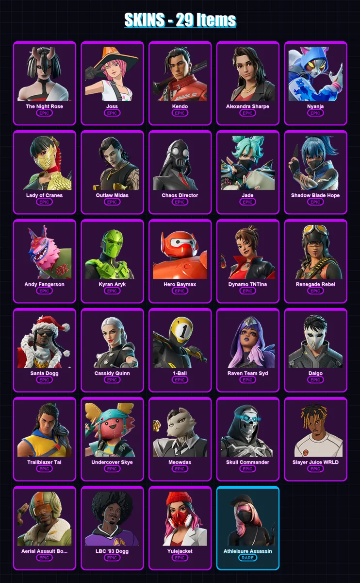 [PC/PSN] | The Night Rose | Joss | Kendo | Alexandra Sharpe | Nyanja | 29 skin | 42 pickaxe | 28 emote | 27 glider | Lv317 — Fortnite account