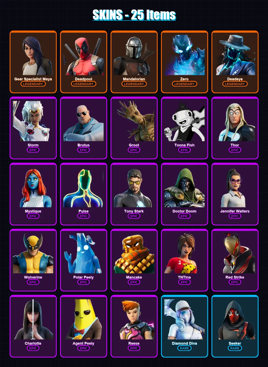 [PC/XBOX/PSN] | Gear Specialist Maya | Deadpool | Mandalorian | Zero | Deadeye | 25 skin | 26 pickaxe | 18 emote | 27 glider | Lv403