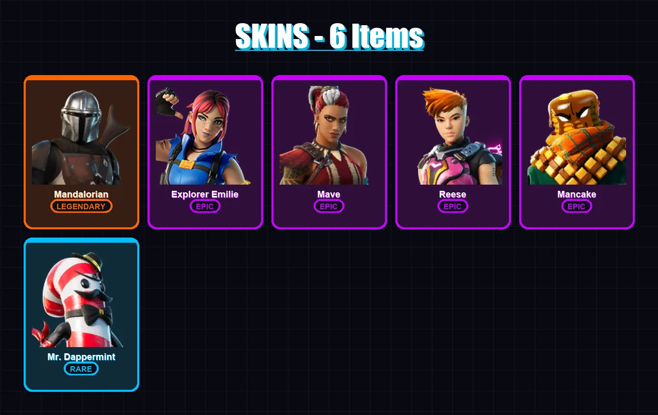 [PC/XBOX/PSN] | Mandalorian | Explorer Emilie | Mave | Reese | Mancake | 6 skin | 14 pickaxe | 11 emote | 10 glider | Lv221