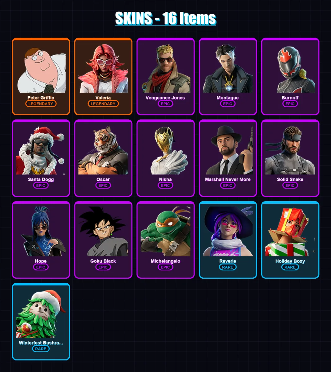 [PC/XBOX/PSN] | Peter Griffin | Valeria | Vengeance Jones | Montague | Burnoff | 16 skin | 31 pickaxe | 22 emote | 23 glider | Lv440 — Fortnite account