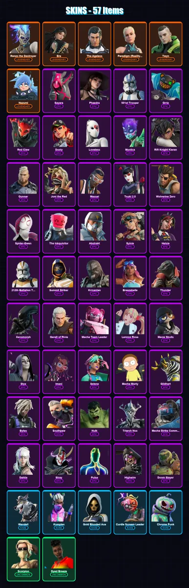 [PC/PSN] | Renzo the Destroyer | Era | The Ageless | Paradigm (Reality-659) | Twyn | 57 skin | 54 pickaxe | 32 emote | 38 glider | Lv528