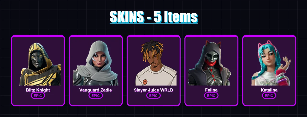 [PC/XBOX/PSN] | Blitz Knight | Vanguard Zadie | Slayer Juice WRLD | Felina | Katalina | 5 skin | 46 pickaxe | 24 emote | 33 glider | Lv559