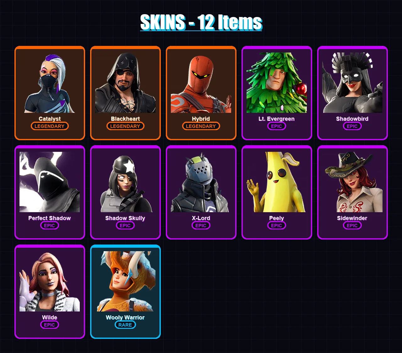 [PC/XBOX/PSN] | Catalyst | Blackheart | Hybrid | Lt. Evergreen | Shadowbird | 12 skin | 8 pickaxe | 16 emote | 15 glider | Lv152