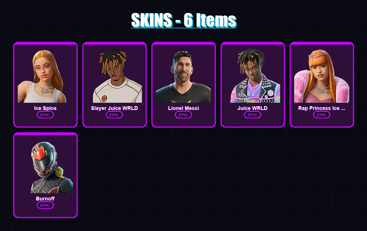 [PC/XBOX] | Ice Spice | Slayer Juice WRLD | Lionel Messi | Juice WRLD | Rap Princess Ice Spice | 6 skin | 30 pickaxe | 16 emote | 19 glider | Lv216