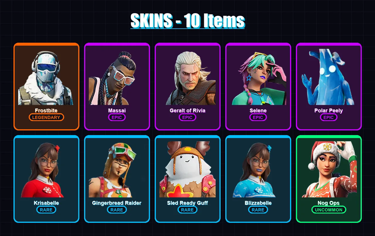 [PC/XBOX/PSN] | Frostbite | Massai | Geralt of Rivia | Selene | Polar Peely | 10 skin | 16 pickaxe | 14 emote | 14 glider | Lv125