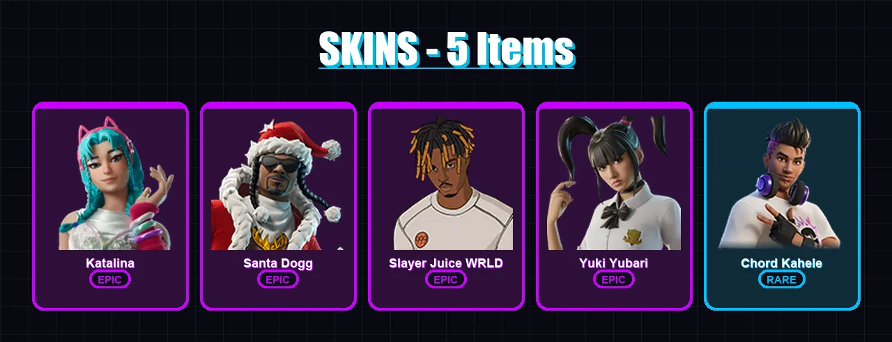 [PC/PSN] | Katalina | Santa Dogg | Slayer Juice WRLD | Yuki Yubari | Chord Kahele | 5 skin | 22 pickaxe | 6 emote | 11 glider | Lv131
