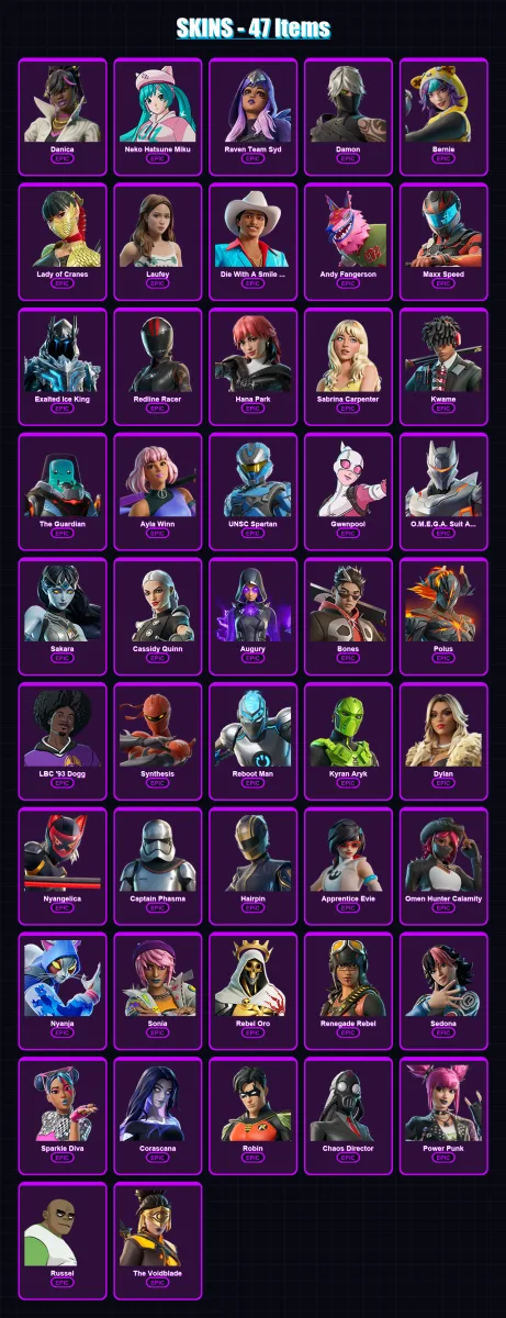 [PC/PSN] | Danica | Neko Hatsune Miku | Raven Team Syd | Damon | Bernie | 47 skin | 23 pickaxe | 2 emote | 6 glider | Lv8