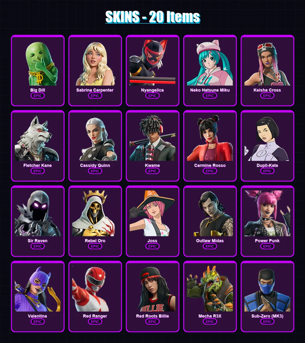 [PC/PSN] | Big Dill | Sabrina Carpenter | Nyangelica | Neko Hatsune Miku | Keisha Cross | 20 skin | 38 pickaxe | 27 emote | 24 glider | Lv267 — Fortnite account