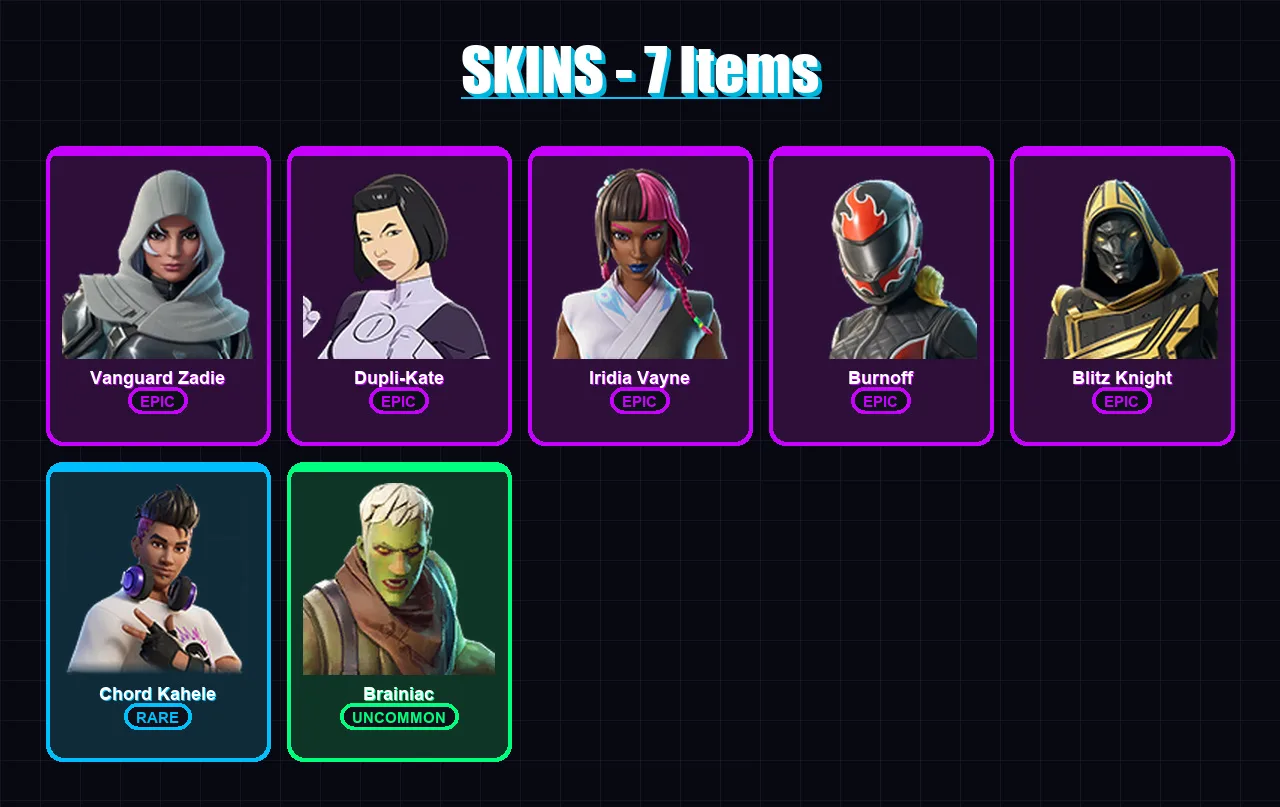 [PC/XBOX/PSN] | Vanguard Zadie | Dupli-Kate | Iridia Vayne | Burnoff | Blitz Knight | 7 skin | 35 pickaxe | 15 emote | 25 glider | Lv355