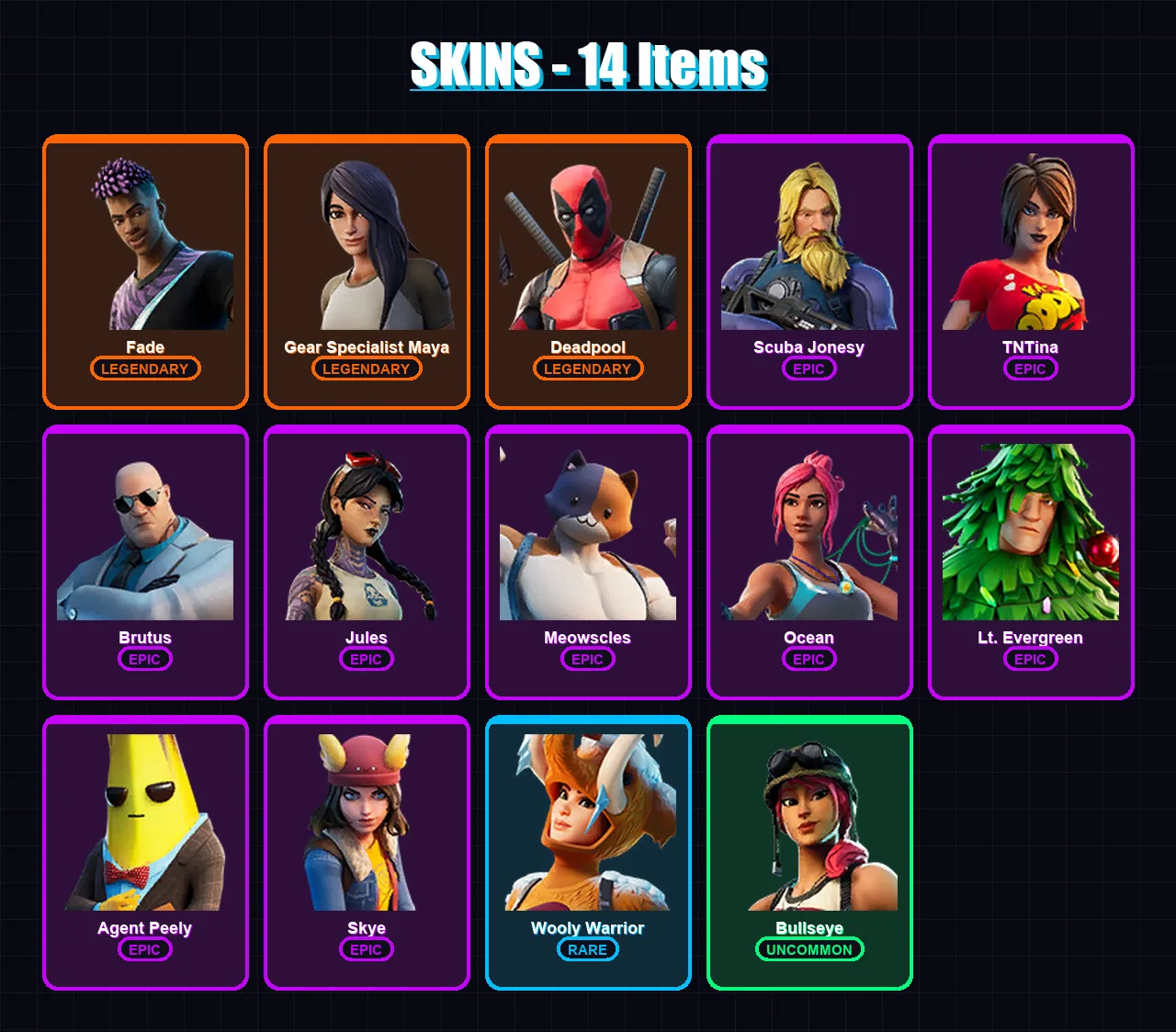 [PC/XBOX/PSN] | Fade | Gear Specialist Maya | Deadpool | Scuba Jonesy | TNTina | 14 skin | 16 pickaxe | 19 emote | 20 glider | Lv171