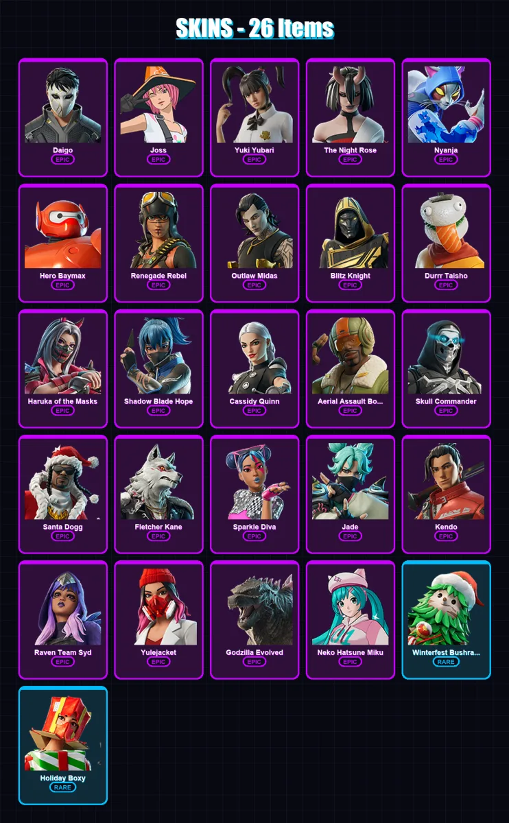 [PC/PSN] | Daigo | Joss | Yuki Yubari | The Night Rose | Nyanja | 26 skin | 49 pickaxe | 25 emote | 39 glider | Lv343