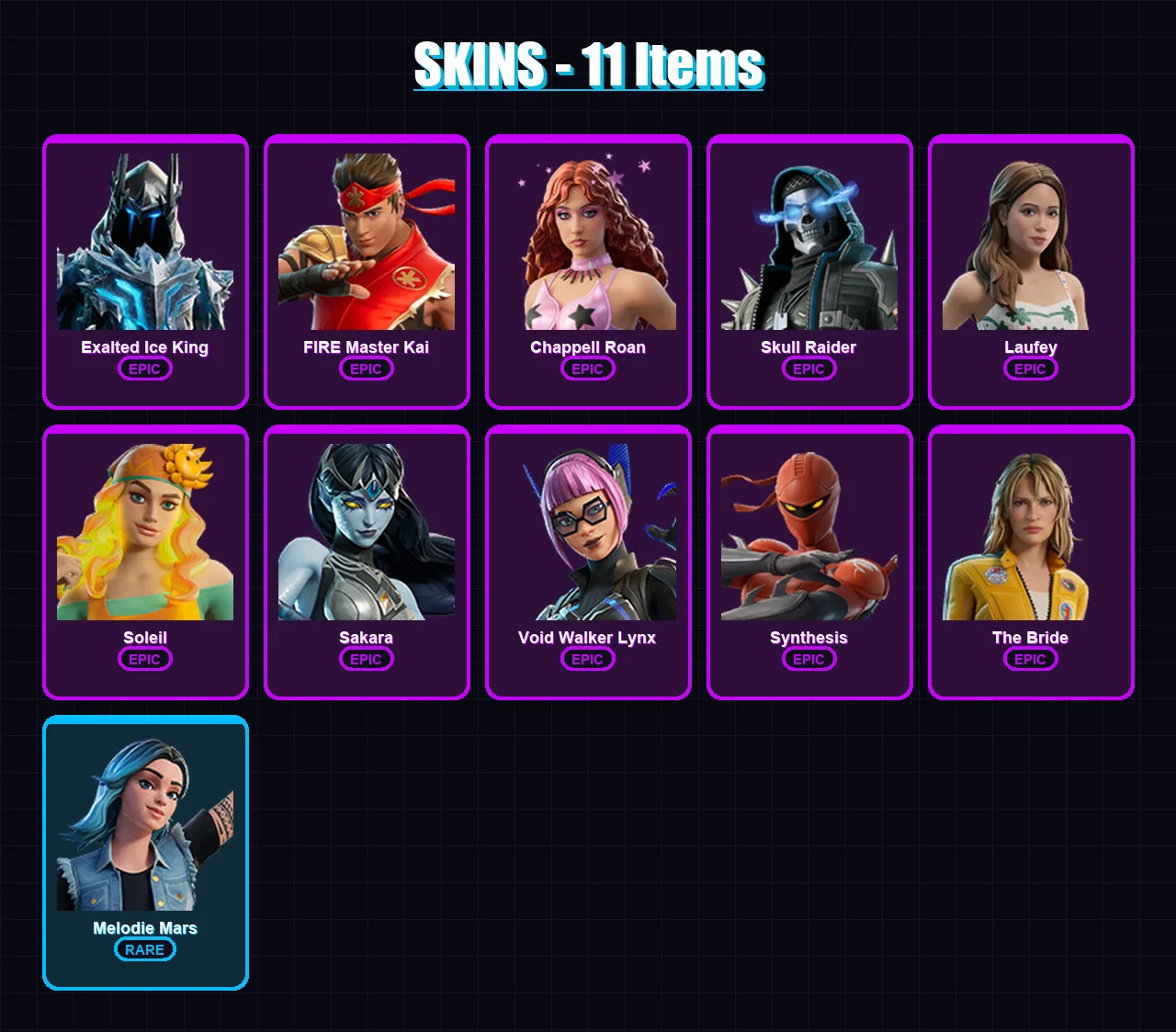 [PC/PSN] | Exalted Ice King | FIRE Master Kai | Chappell Roan | Skull Raider | Laufey | 11 skin | 4 pickaxe | 3 emote | 1 glider | Lv4