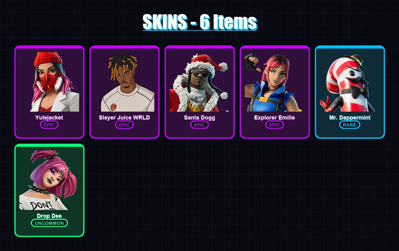 [PC/XBOX/PSN] | Yulejacket | Slayer Juice WRLD | Santa Dogg | Explorer Emilie | Mr. Dappermint | 6 skin | 14 pickaxe | 8 emote | 11 glider | Lv132