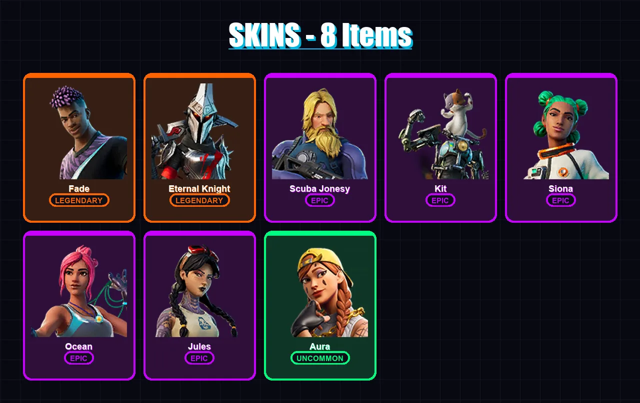 [PC/XBOX/PSN] | Fade | Eternal Knight | Scuba Jonesy | Kit | Siona | 8 skin | 12 pickaxe | 16 emote | 18 glider | Lv331