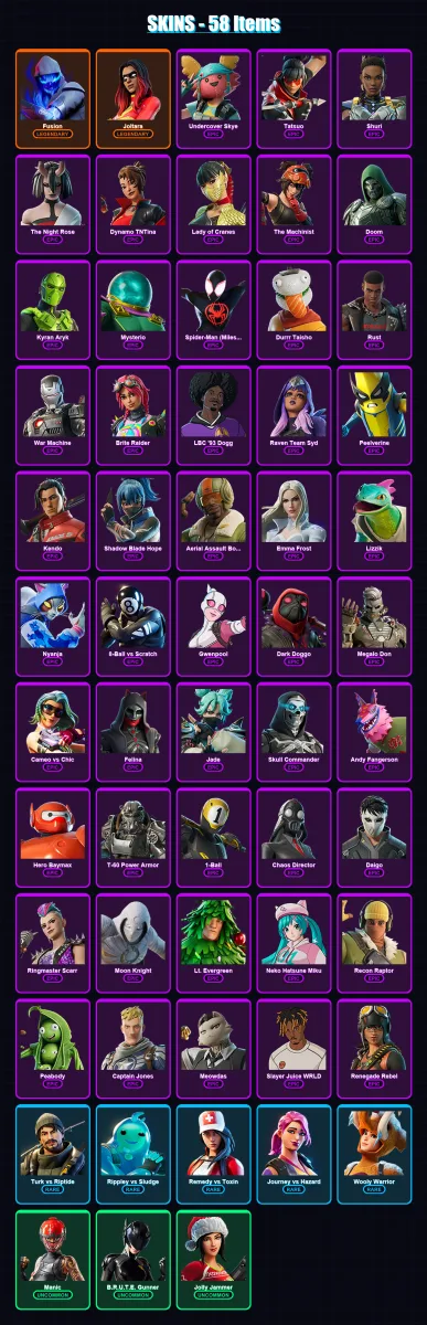 [PC/XBOX/PSN] | Fusion | Joltara | Undercover Skye | Tatsuo | Shuri | 58 skin | 77 pickaxe | 54 emote | 60 glider | Lv1366