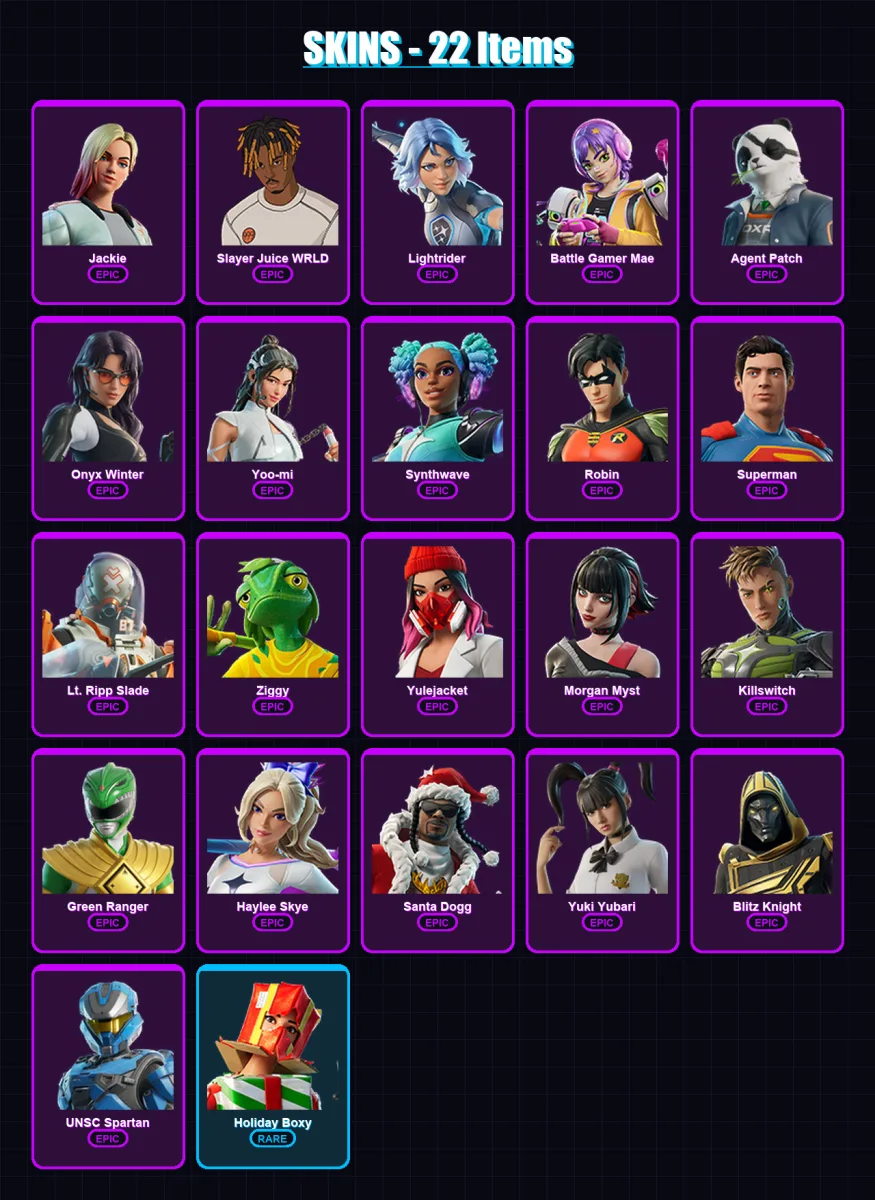 [PC/XBOX/PSN] | Jackie | Slayer Juice WRLD | Lightrider | Battle Gamer Mae | Agent Patch | 22 skin | 46 pickaxe | 29 emote | 37 glider | Lv554