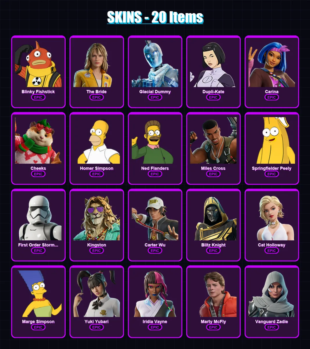 [PC/XBOX/PSN] | Blinky Fishstick | The Bride | Glacial Dummy | Dupli-Kate | Carina | 20 skin | 68 pickaxe | 36 emote | 50 glider | Lv996