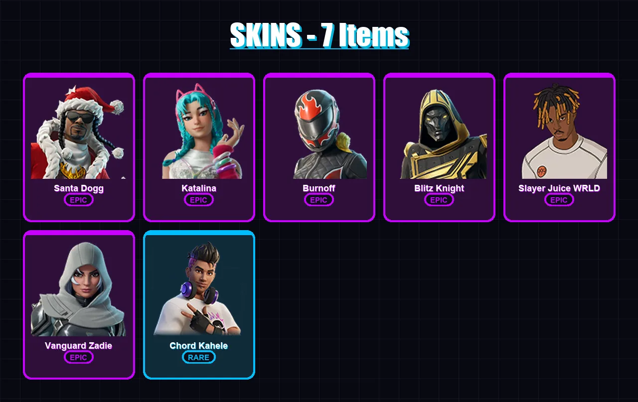 [PC/XBOX/PSN] | Santa Dogg | Katalina | Burnoff | Blitz Knight | Slayer Juice WRLD | 7 skin | 53 pickaxe | 20 emote | 27 glider | Lv458