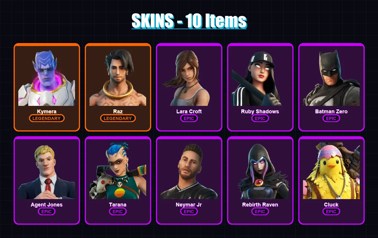 [PC/XBOX/PSN] | Kymera | Raz | Lara Croft | Ruby Shadows | Batman Zero | 10 skin | 9 pickaxe | 18 emote | 12 glider | Lv104
