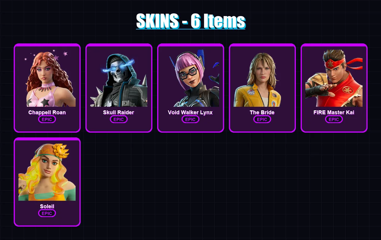 [PS4/PS5/XBOX/PC] | Chappell Roan | Skull Raider | Void Walker Lynx | The Bride | FIRE Master Kai | 6 skin | 5 pickaxe | 2 emote | 1 glider | Lv8