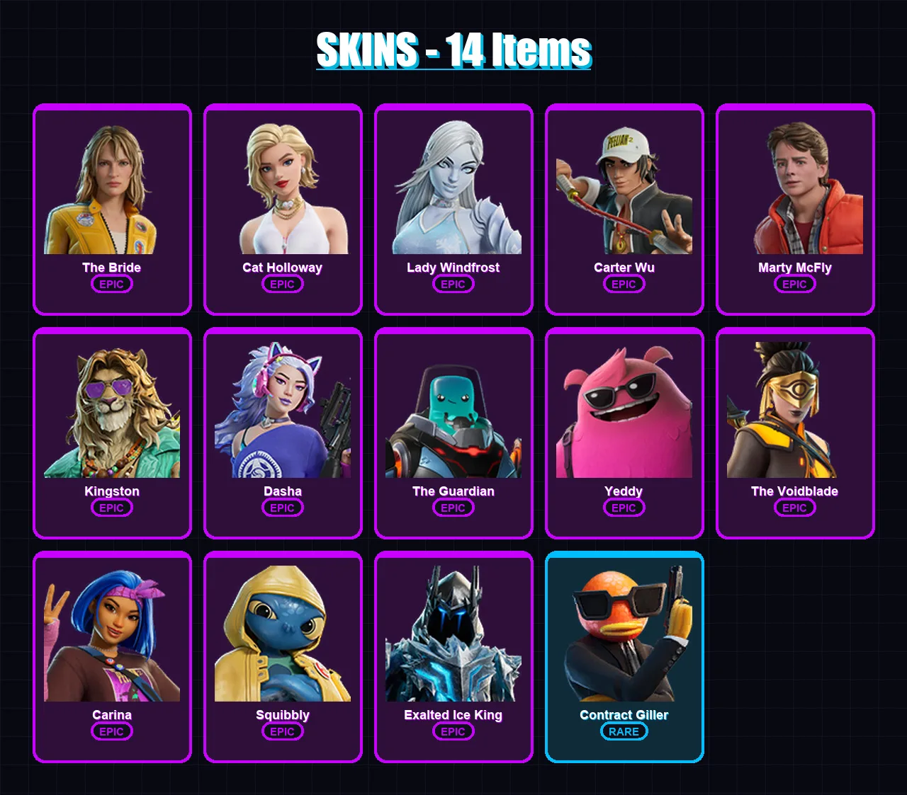 [PC/PSN] | The Bride | Cat Holloway | Lady Windfrost | Carter Wu | Marty McFly | 14 skin | 20 pickaxe | 15 emote | 19 glider | Lv123