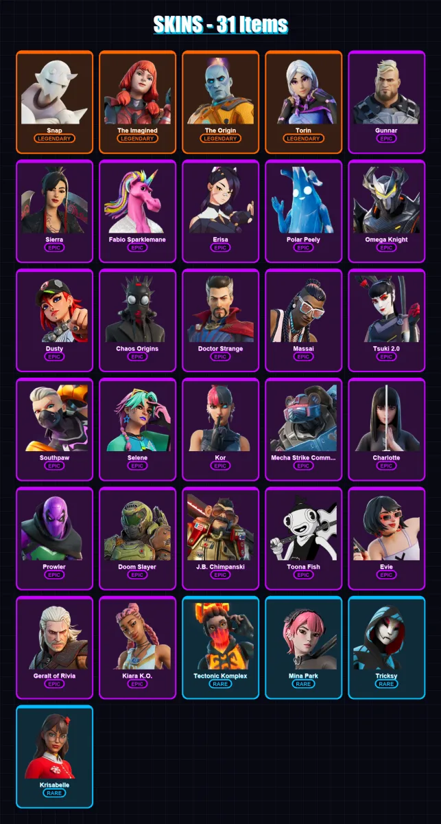 [PC/XBOX/PSN] | Snap | The Imagined | The Origin | Torin | Gunnar | 31 skin | 36 pickaxe | 17 emote | 22 glider | Lv291