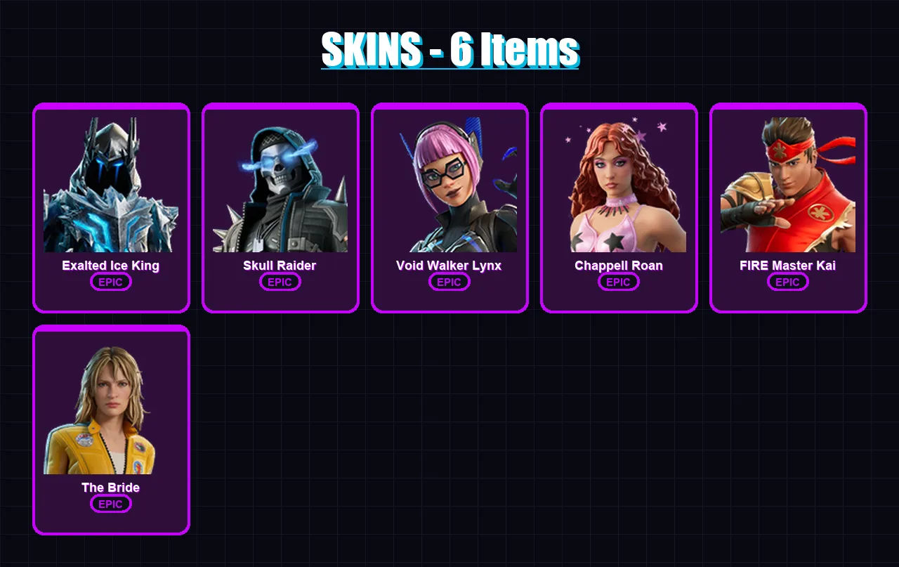 [PC/XBOX/PSN] | Exalted Ice King | Skull Raider | Void Walker Lynx | Chappell Roan | FIRE Master Kai | 6 skin | 3 pickaxe | 1 emote | 1 glider | Lv5
