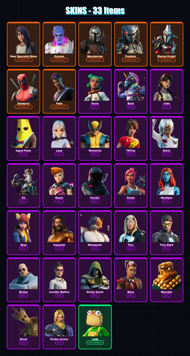[PC] | Gear Specialist Maya | Kymera | Mandalorian | Predator | Eternal Knight | 33 skin | 36 pickaxe | 27 emote | 34 glider | Lv471