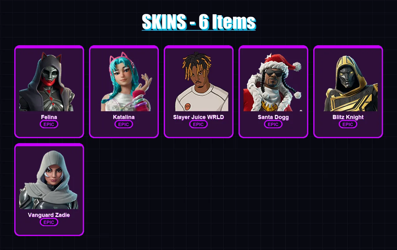 [PC/XBOX] | Felina | Katalina | Slayer Juice WRLD | Santa Dogg | Blitz Knight | 6 skin | 47 pickaxe | 17 emote | 26 glider | Lv450