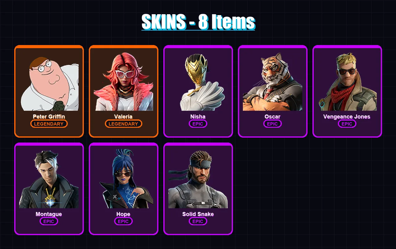 [PC/XBOX/PSN] | Peter Griffin | Valeria | Nisha | Oscar | Vengeance Jones | 8 skin | 11 pickaxe | 10 emote | 13 glider | Lv133