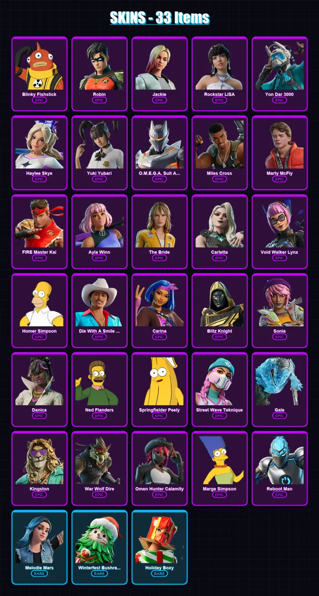 [PC/PSN] | Blinky Fishstick | Robin | Jackie | Rockstar LISA | Yon Dar 3000 | 33 skin | 49 pickaxe | 27 emote | 35 glider | Lv305