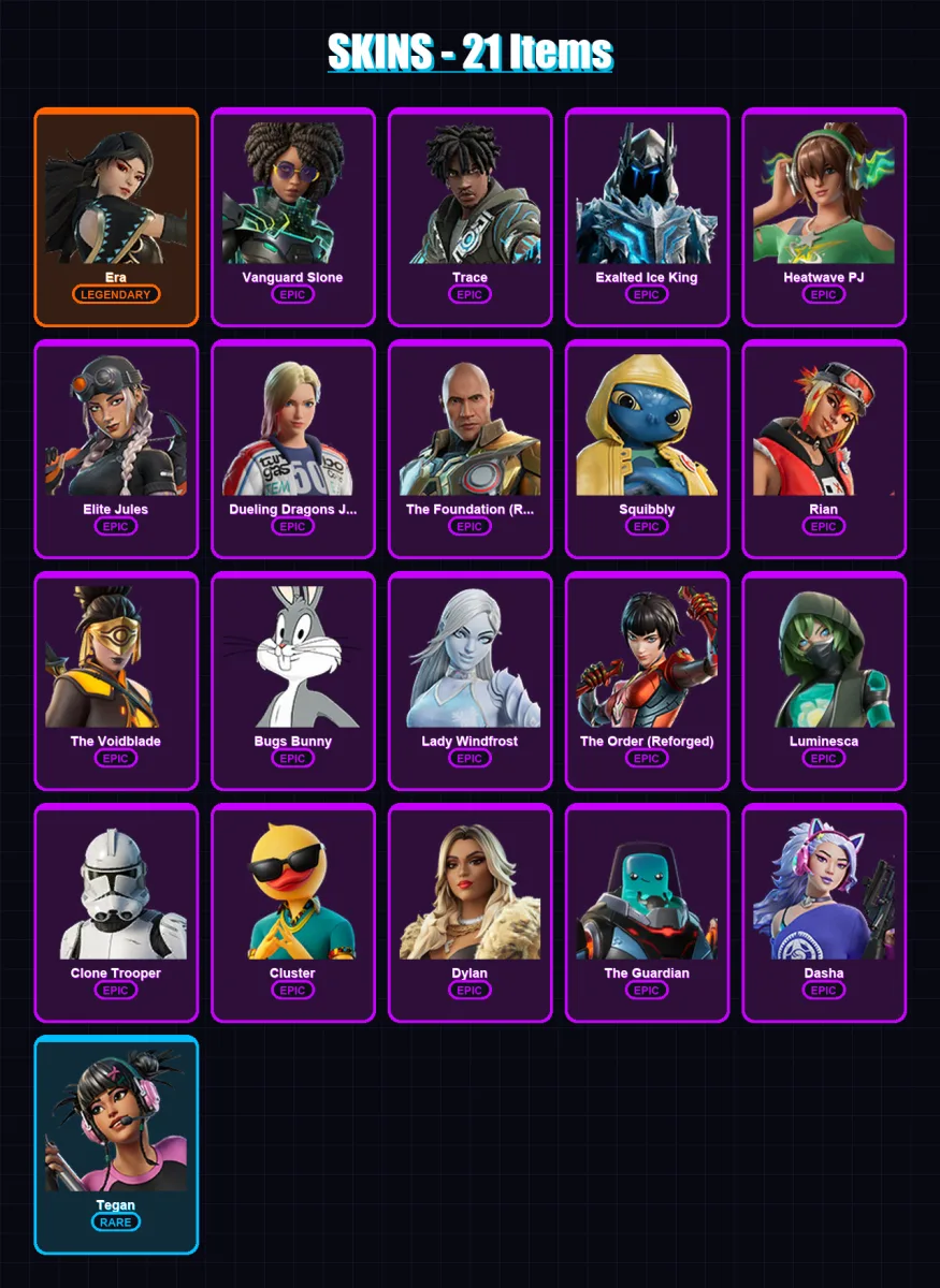 [PS4/PS5/XBOX/PC] | Era | Vanguard Slone | Trace | Exalted Ice King | Heatwave PJ | 21 skin | 42 pickaxe | 25 emote | 36 glider | Lv550