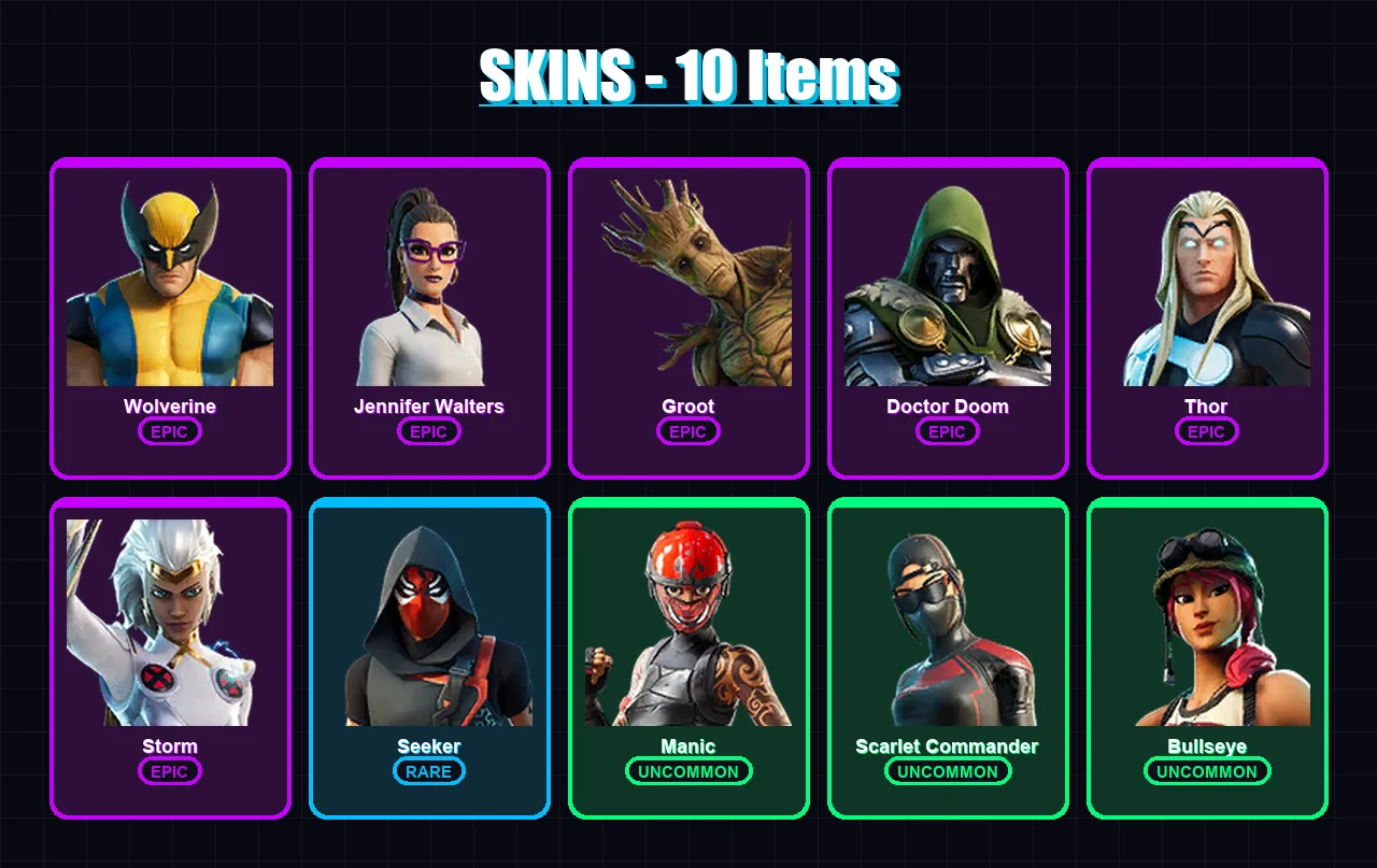 [PC/XBOX/PSN] | Wolverine | Jennifer Walters | Groot | Doctor Doom | Thor | 10 skin | 12 pickaxe | 6 emote | 11 glider | Lv164
