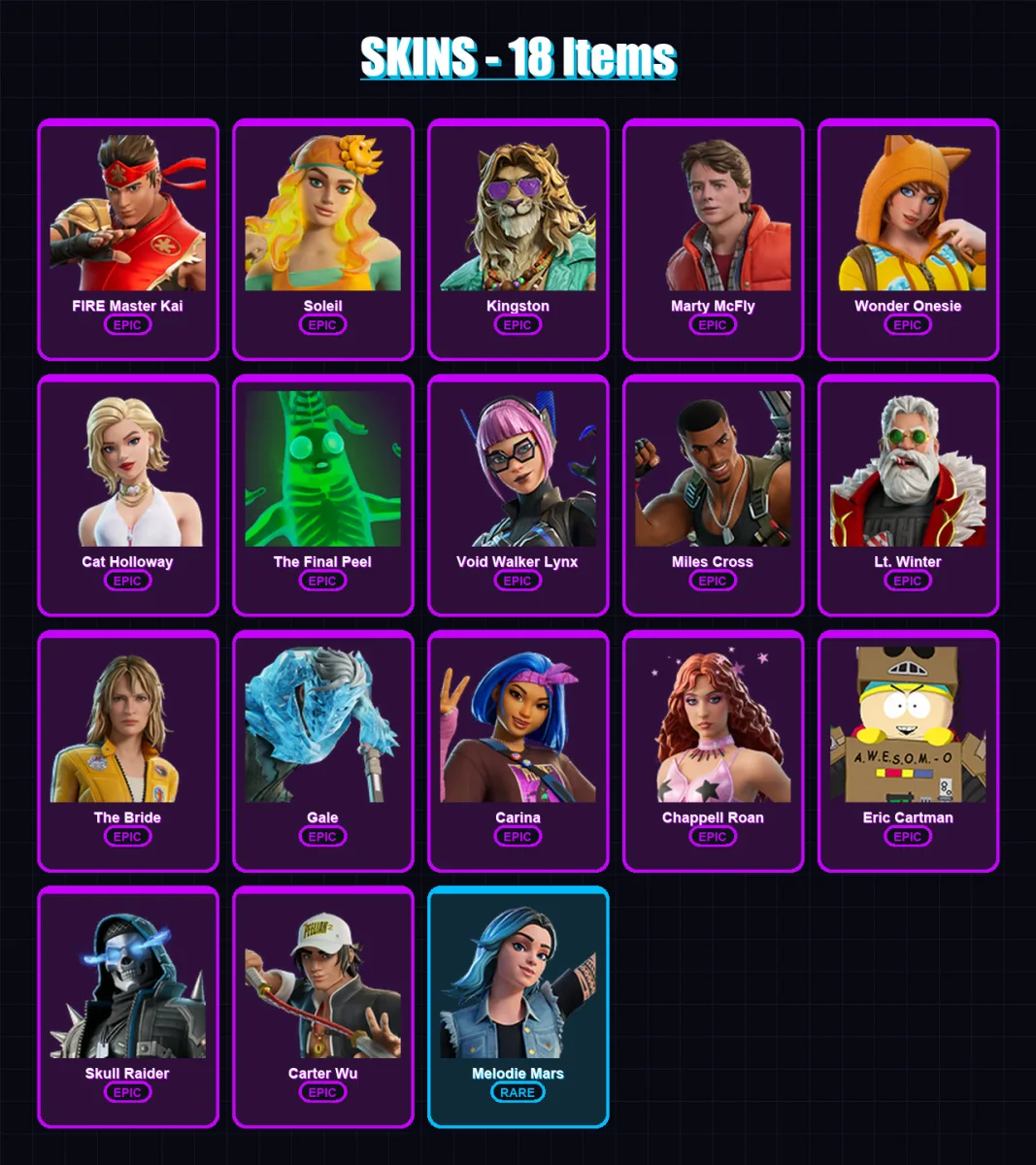 [PS4/PS5/XBOX/PC] | FIRE Master Kai | Soleil | Kingston | Marty McFly | Wonder Onesie | 18 skin | 33 pickaxe | 22 emote | 16 glider | Lv129