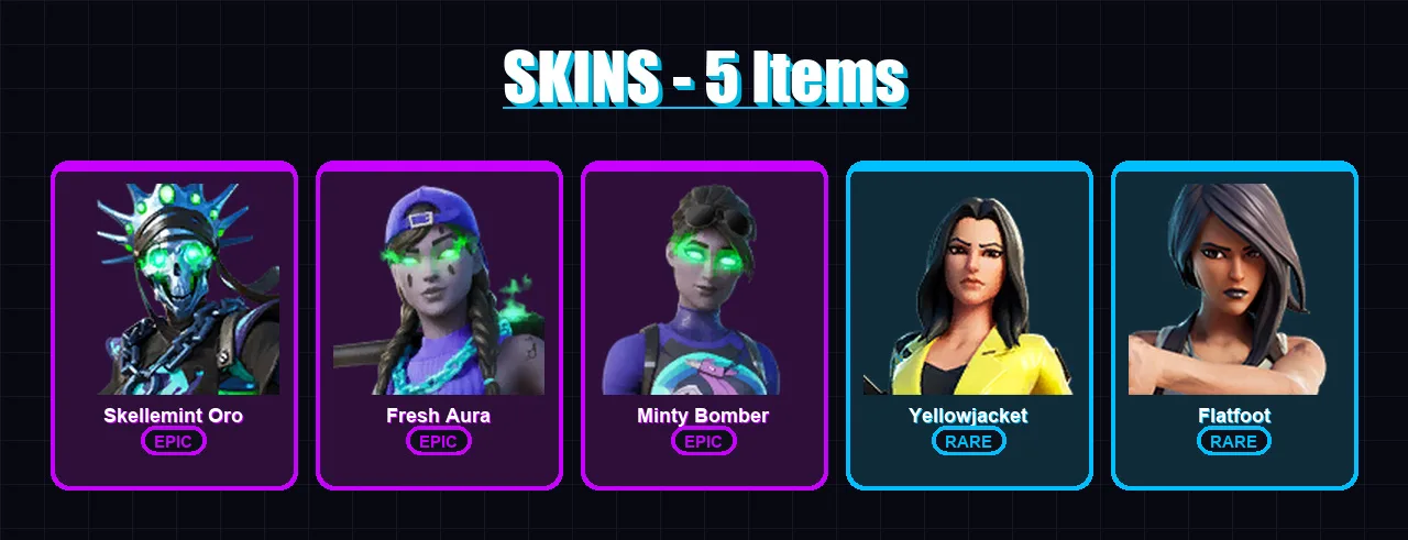 [PC/PSN] | Skellemint Oro | Fresh Aura | Minty Bomber | Yellowjacket | Flatfoot | 5 skin | 17 pickaxe | 8 emote | 7 glider | Lv143