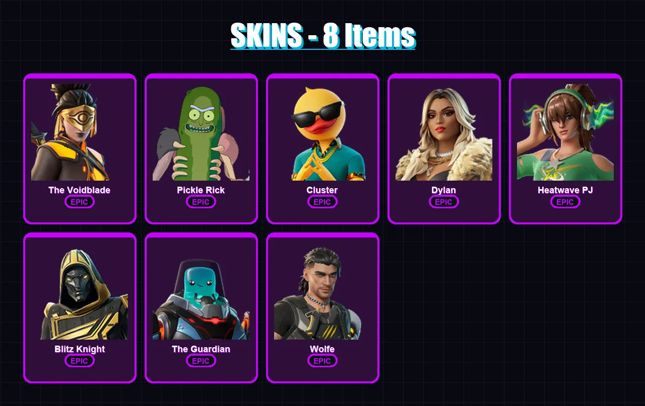 [PC/XBOX] | The Voidblade | Pickle Rick | Cluster | Dylan | Heatwave PJ | 8 skin | 27 pickaxe | 15 emote | 16 glider | Lv222