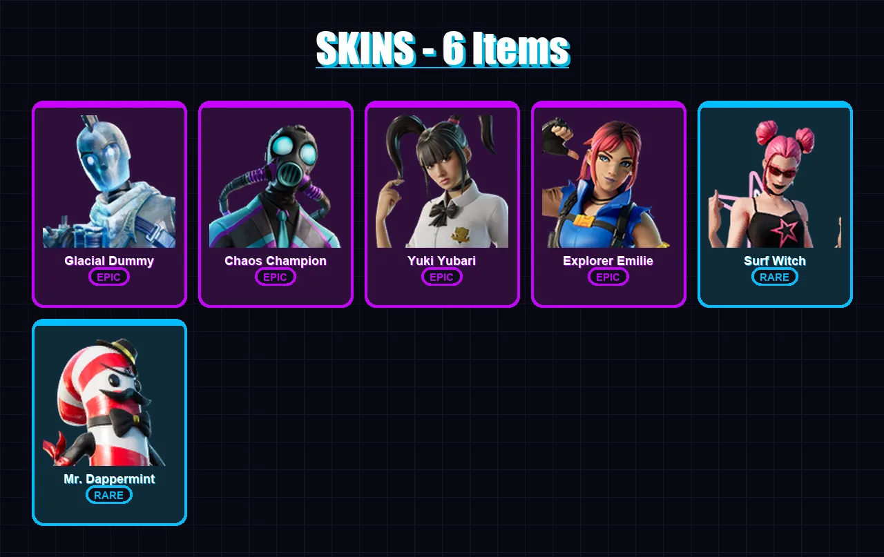 [PS4/PS5/XBOX/PC] | Glacial Dummy | Chaos Champion | Yuki Yubari | Explorer Emilie | Surf Witch | 6 skin | 16 pickaxe | 5 emote | 10 glider | Lv218