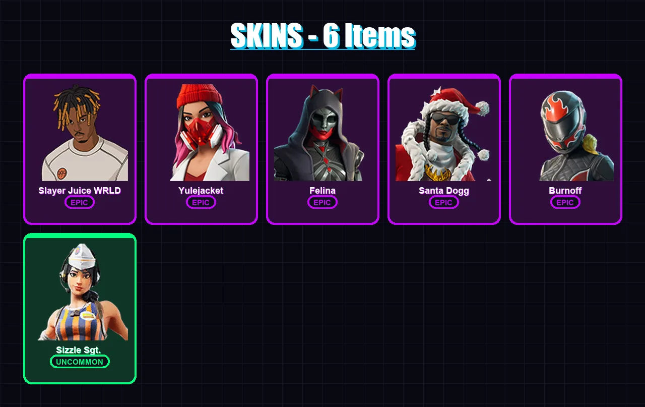 [PS4/PS5/XBOX/PC] | Slayer Juice WRLD | Yulejacket | Felina | Santa Dogg | Burnoff | 6 skin | 50 pickaxe | 31 emote | 37 glider | Lv749