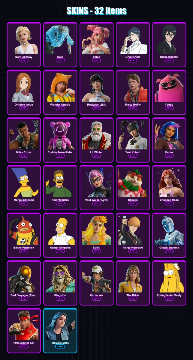 [PC/PSN] | Cat Holloway | Gale | Esme | Uryu Ishida | Rukia Kuchiki | 32 skin | 50 pickaxe | 28 emote | 32 glider | Lv423
