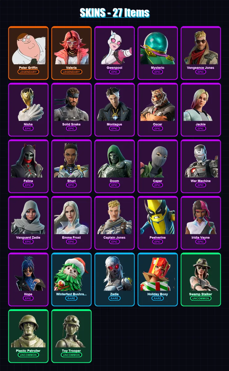 [PC/XBOX] | Peter Griffin | Valeria | Gwenpool | Mysterio | Vengeance Jones | 27 skin | 47 pickaxe | 29 emote | 34 glider | Lv517 — Fortnite account