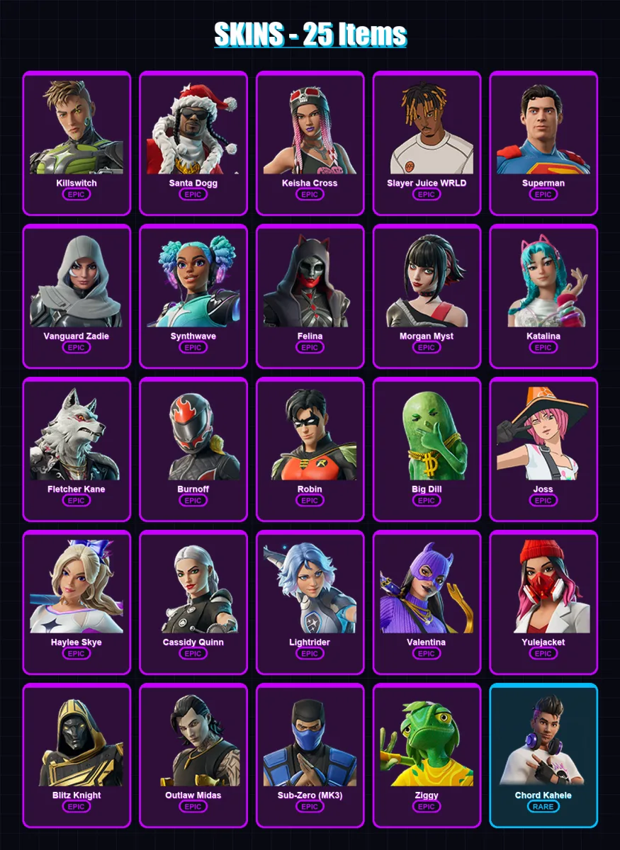 [PC/XBOX/PSN] | Killswitch | Santa Dogg | Keisha Cross | Slayer Juice WRLD | Superman | 25 skin | 70 pickaxe | 36 emote | 46 glider | Lv920