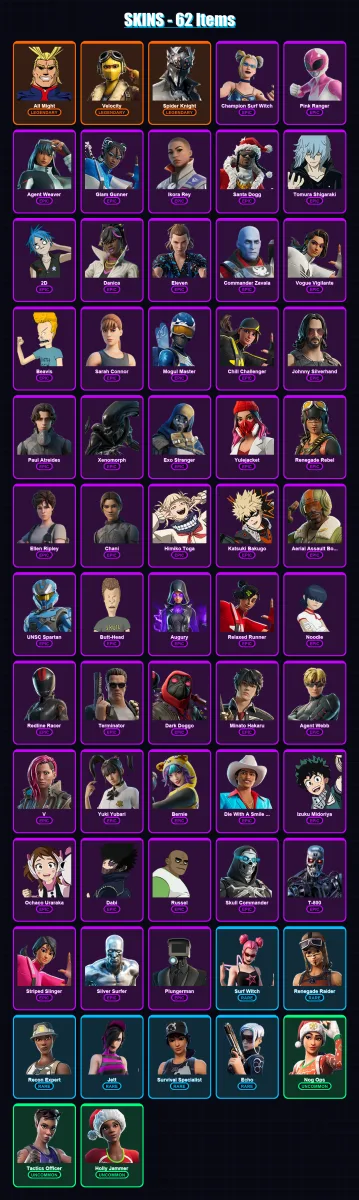 [PC/XBOX] | All Might | Velocity | Spider Knight | Champion Surf Witch | Pink Ranger | 62 skin | 52 pickaxe | 21 emote | 15 glider | Lv189