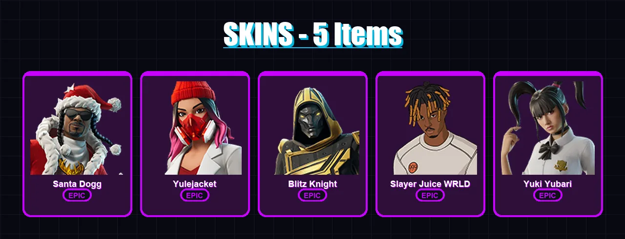 [PC/XBOX/PSN] | Santa Dogg | Yulejacket | Blitz Knight | Slayer Juice WRLD | Yuki Yubari | 5 skin | 33 pickaxe | 10 emote | 19 glider | Lv176