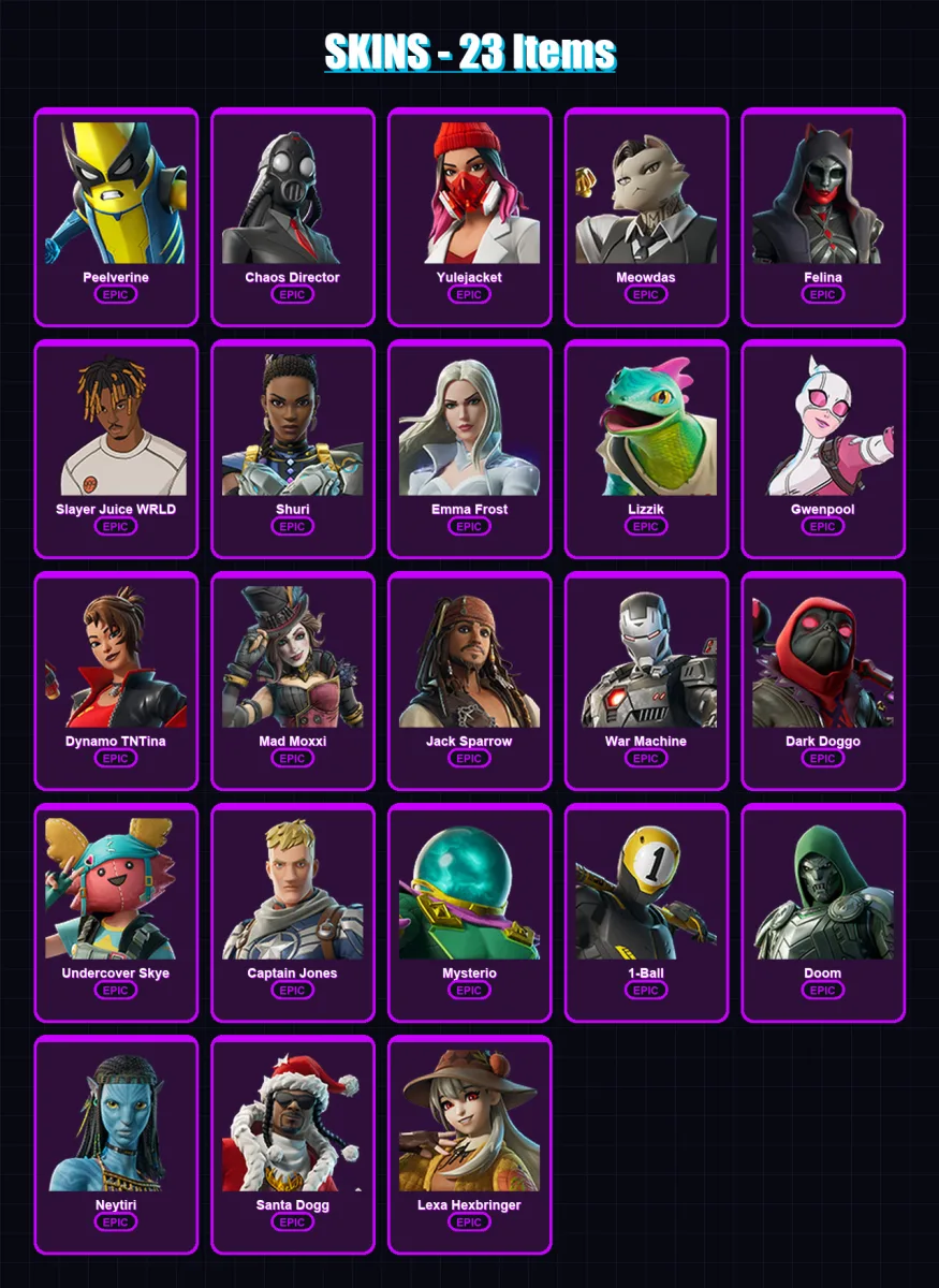 [PS4/PS5/XBOX/PC] | Peelverine | Chaos Director | Yulejacket | Meowdas | Felina | 23 skin | 84 pickaxe | 34 emote | 54 glider | Lv642