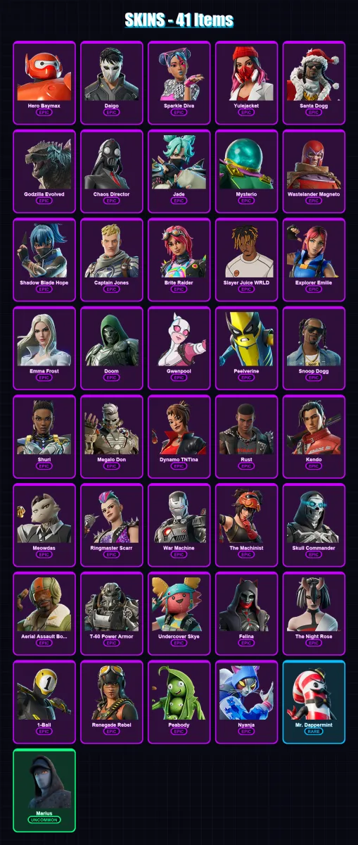 [PC/XBOX] | Hero Baymax | Daigo | Sparkle Diva | Yulejacket | Santa Dogg | 41 skin | 49 pickaxe | 37 emote | 38 glider | Lv428