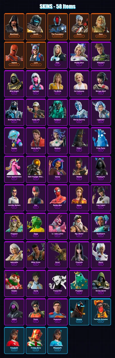 [PC] | Blackheart | Zenith | The Foundation | Ronin | Zeus | 58 skin | 96 pickaxe | 71 emote | 73 glider | Lv1076